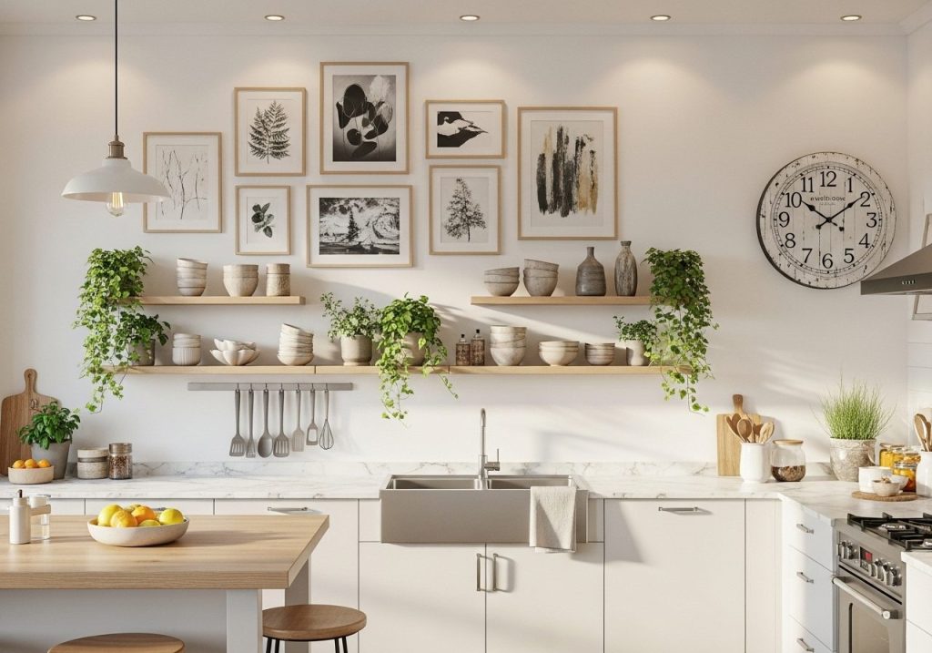 Large modern kitchen wall decorated with a gallery of framed art, floating shelves, hanging utensils, and a vintage wall clock in a bright Scandinavian-style space