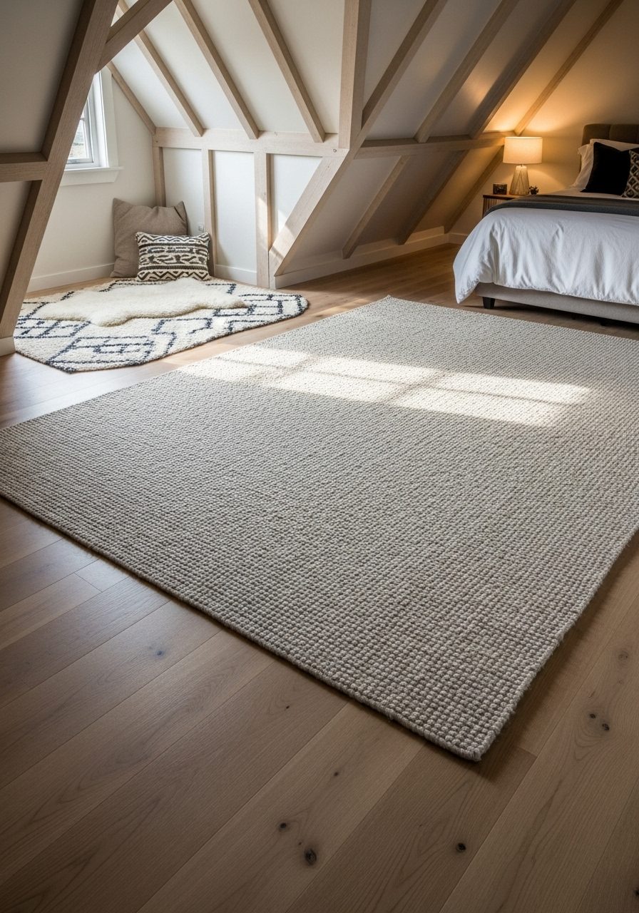 Large rug used to unify layout in a slanted wall bedroom