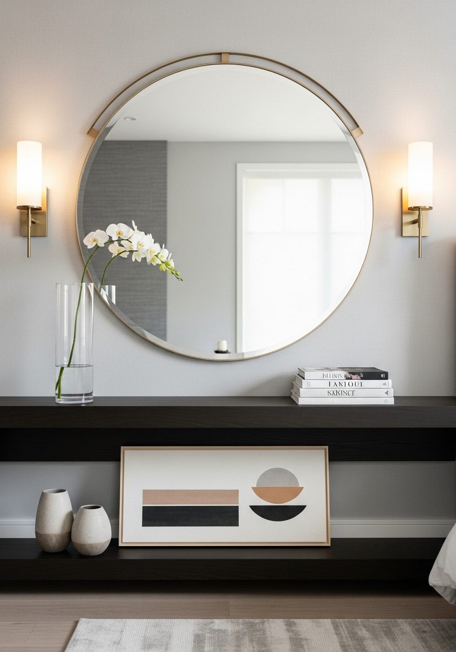 Layered decor with mirror, sconces, and console table styling a big bedroom wall