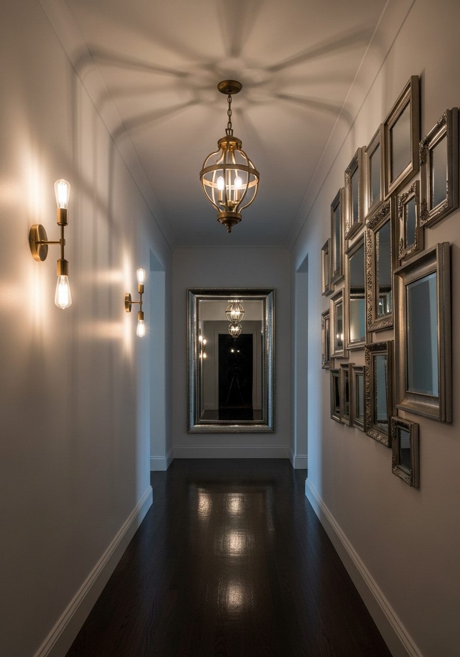 Layered hallway lighting including pendants and sconces for warmth and depth