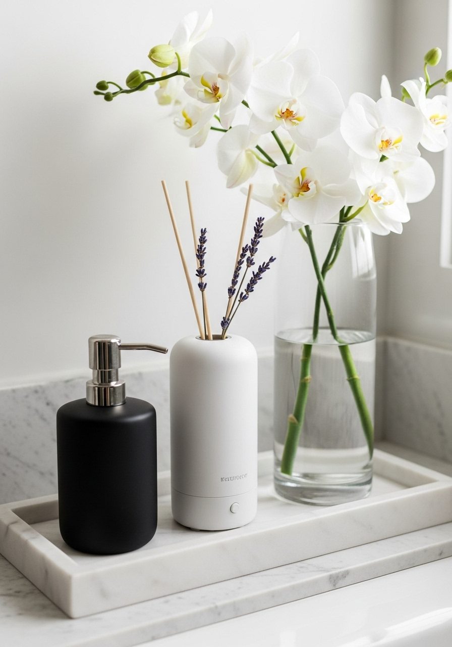 Layered height arrangement of items on a bathroom tray