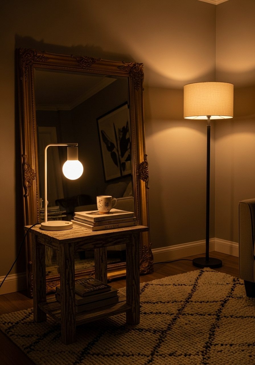 Layered lighting around a living room side table using a warm lamp, floor light, and reflective mirror