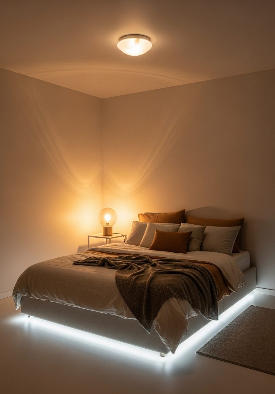 Layered lighting brightens a windowless bedroom using ceiling, lamp, and ambient lights
