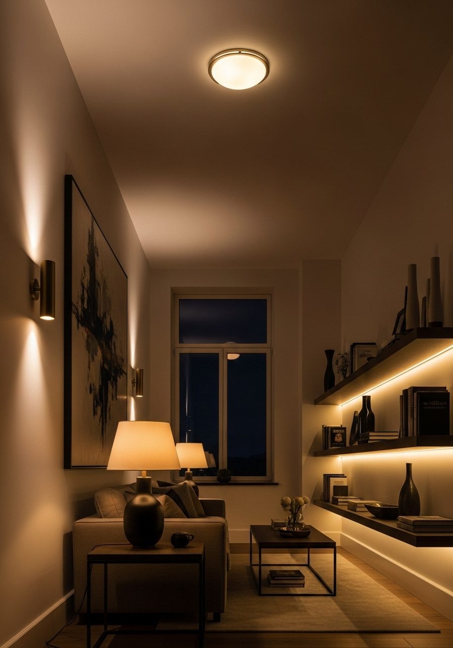 Layered lighting in a rectangular living room, showing ambient and task light sources
