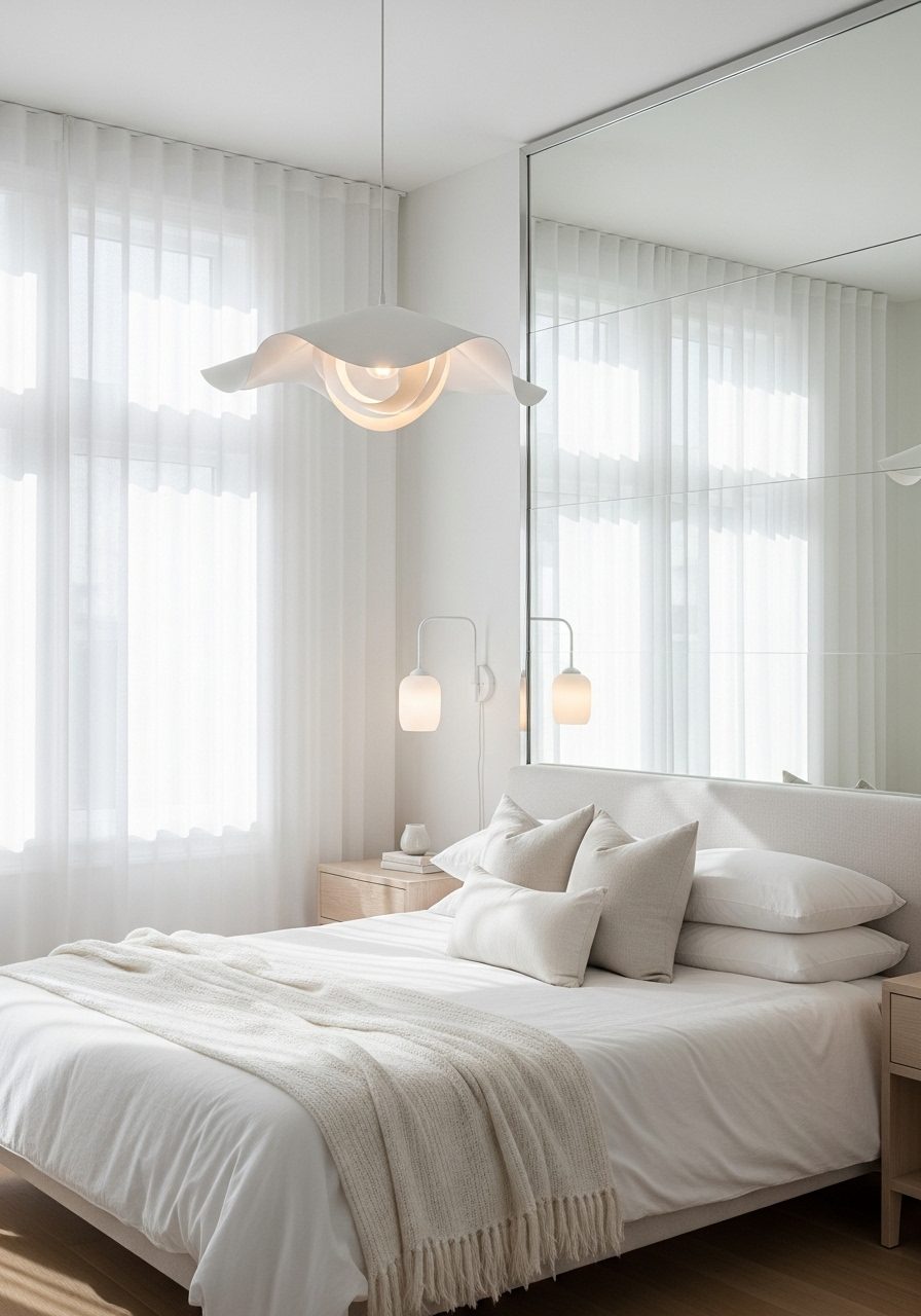 Layered lighting in a white bedroom including pendant, sconces, and natural light