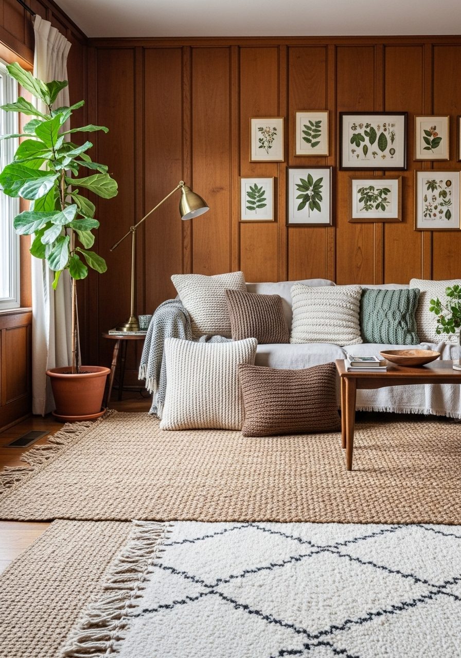 Layered textures and accessories enhancing a living room with natural wood paneling