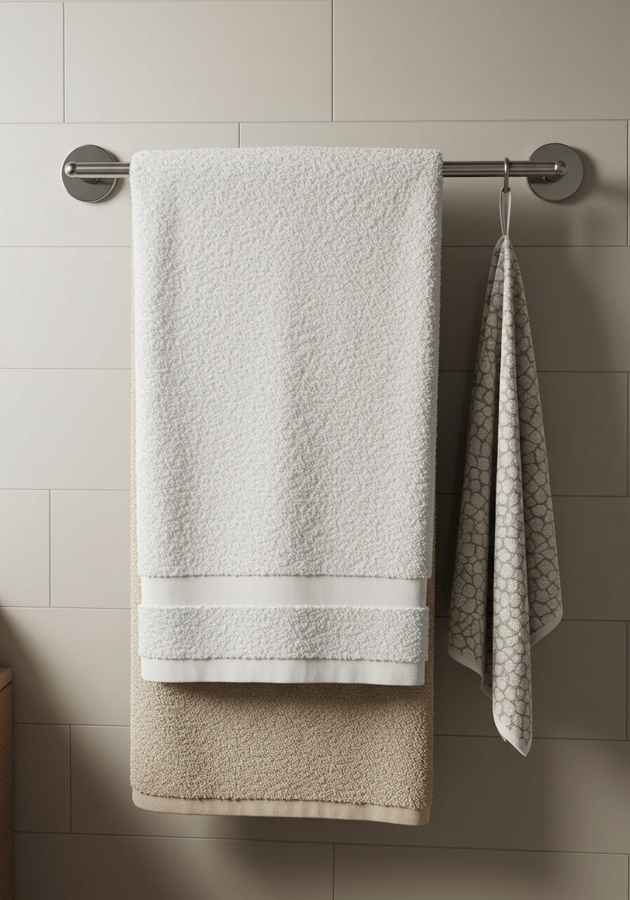Layered white and beige towels neatly hung on a bathroom towel bar with a modern backdrop