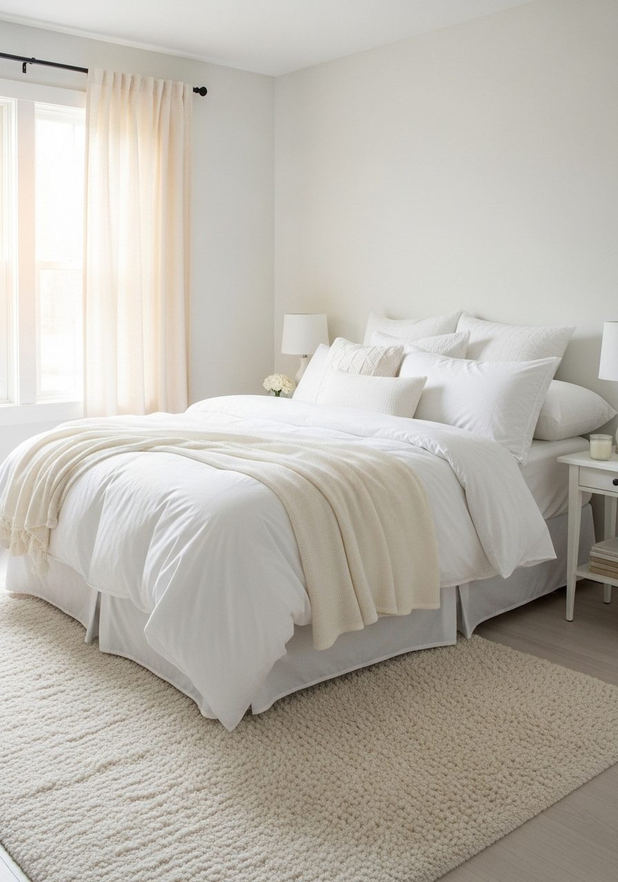 Layered white bedroom with different white tones on bedding, curtains, and walls for visual depth