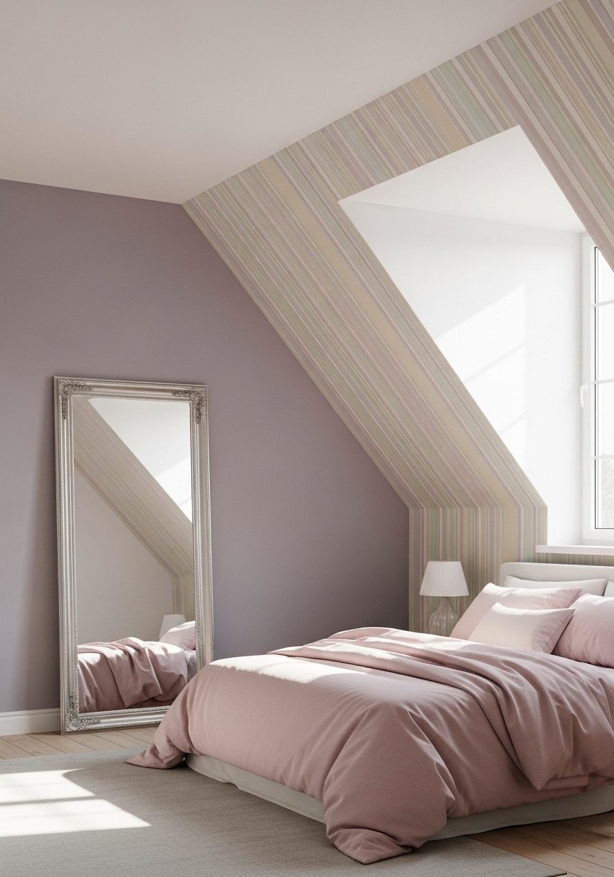 Light pastel paint and soft wallpaper used to open up a small slanted wall bedroom