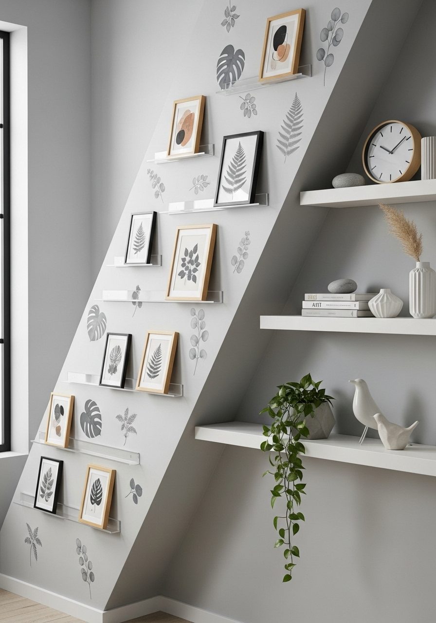 Lightweight wall art and vinyl decals decorate a slanted wall in a bedroom