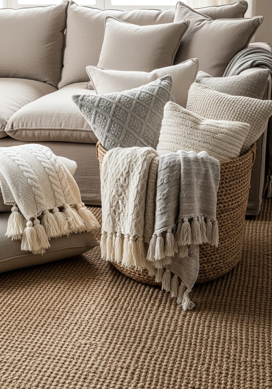 Living room basket storing throw blankets and pillows beside a neutral-toned sofa