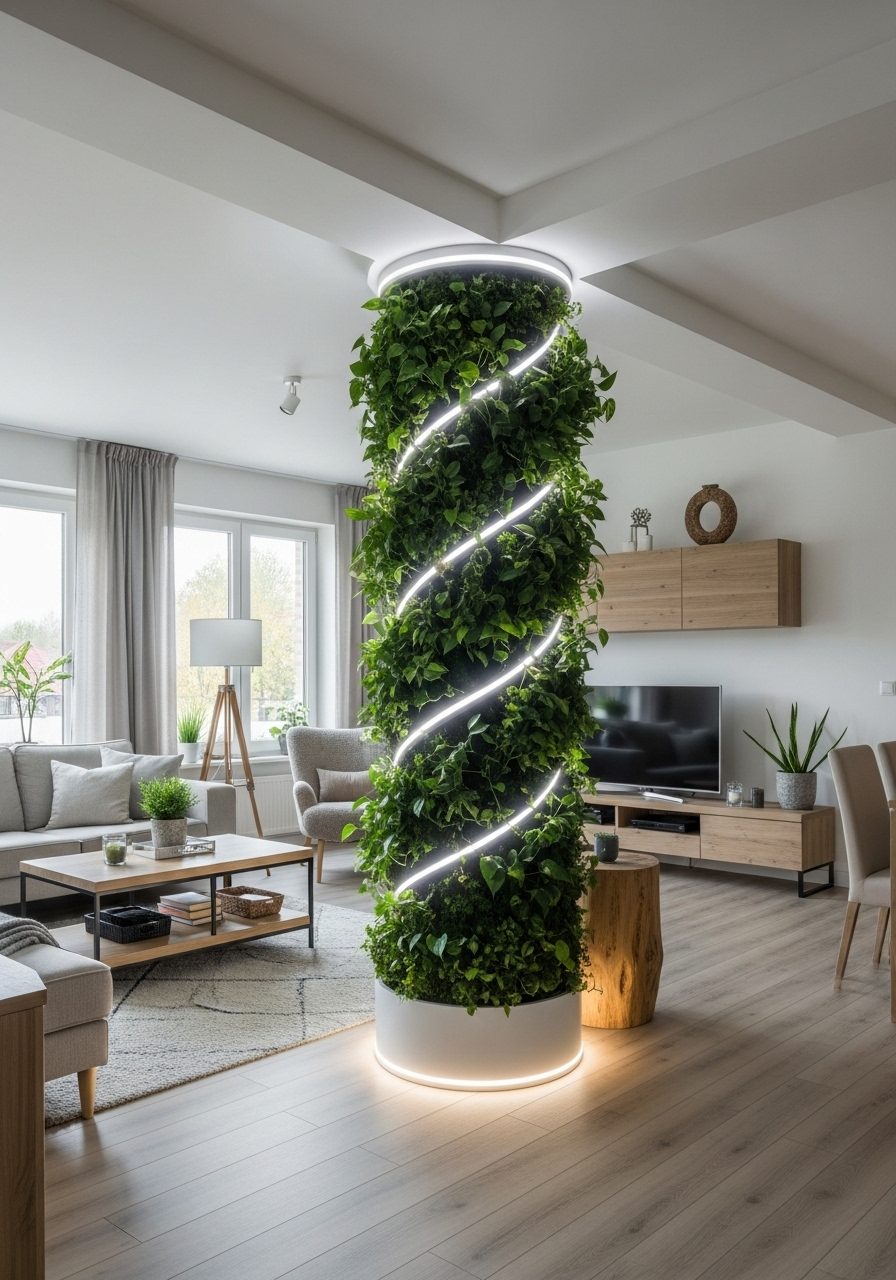 Living room pillar decorated with green vines and LED lights for a natural look