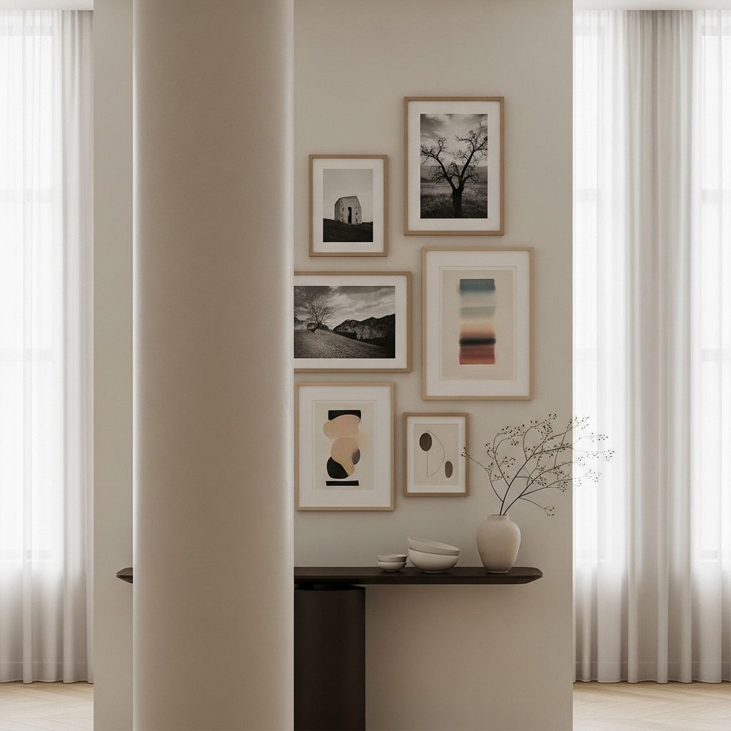 Living room pillar used as a subtle divider and wall for framed art display