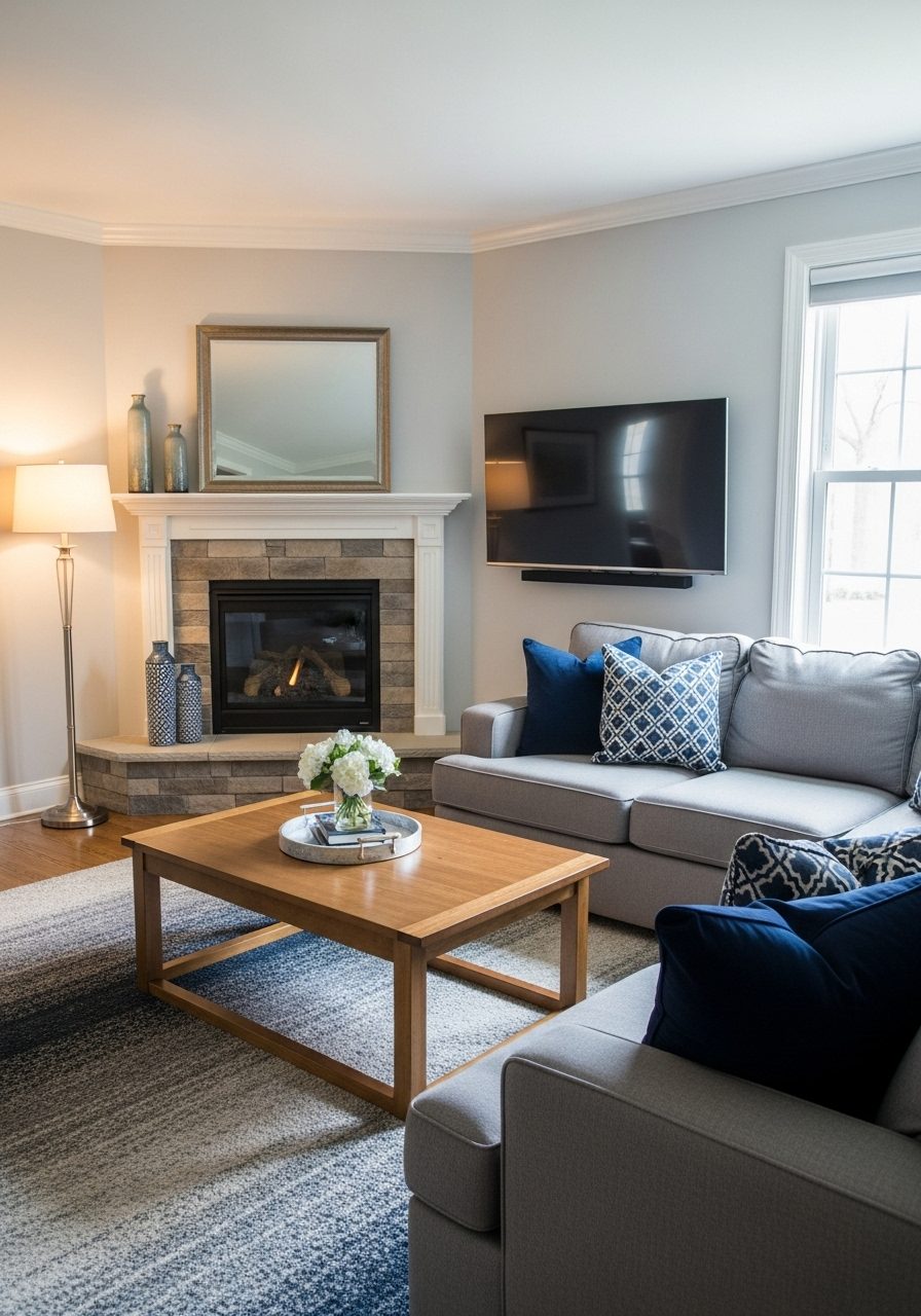Living room with a corner fireplace and TV on side wall, featuring a sectional sofa arranged for balanced viewing angles