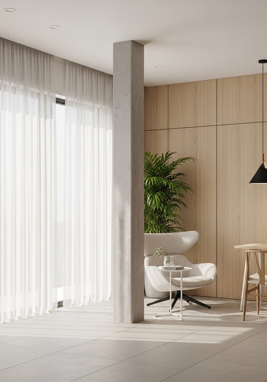Living room with a decorative pillar, soft lighting, and cozy furniture setup, illustrating design ideas commonly asked in FAQs