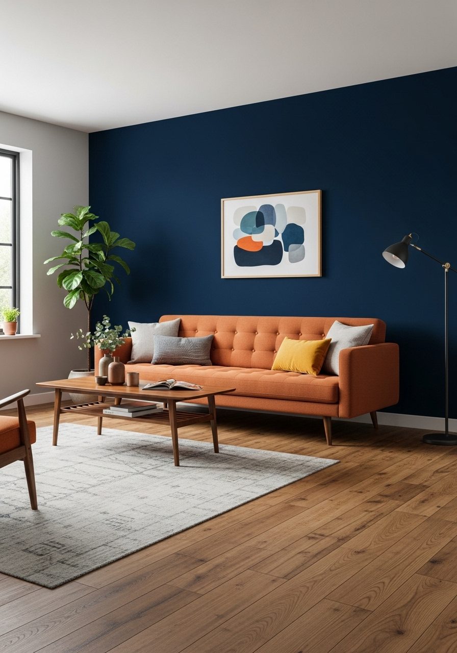 Living room with a long navy blue accent wall surrounded by neutral walls and simple furniture