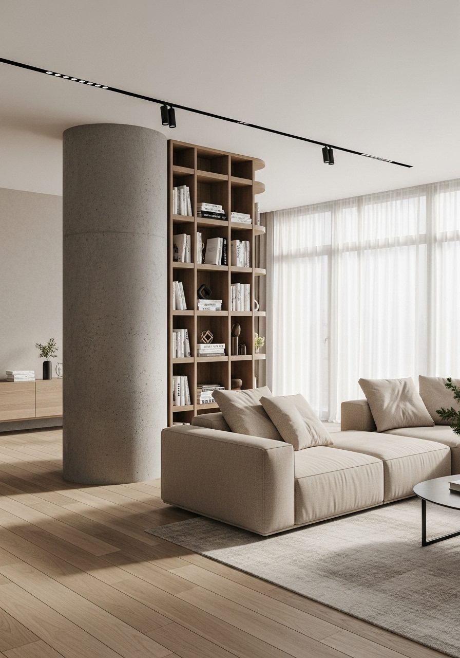 Living room with bookshelf and sectional sofa arranged to hide a central pillar