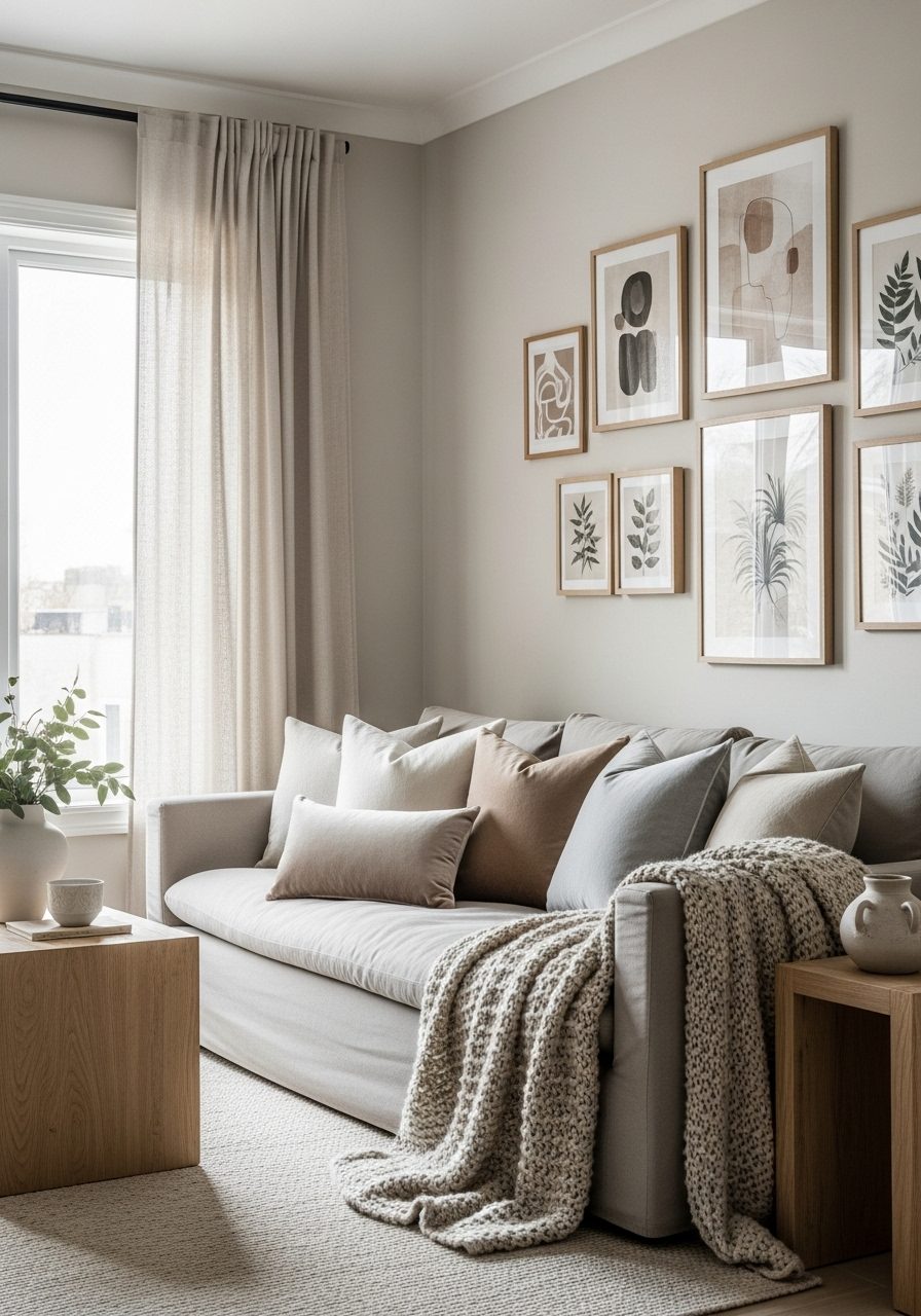 Living room with neutral colors and cozy textures in a rectangular layout