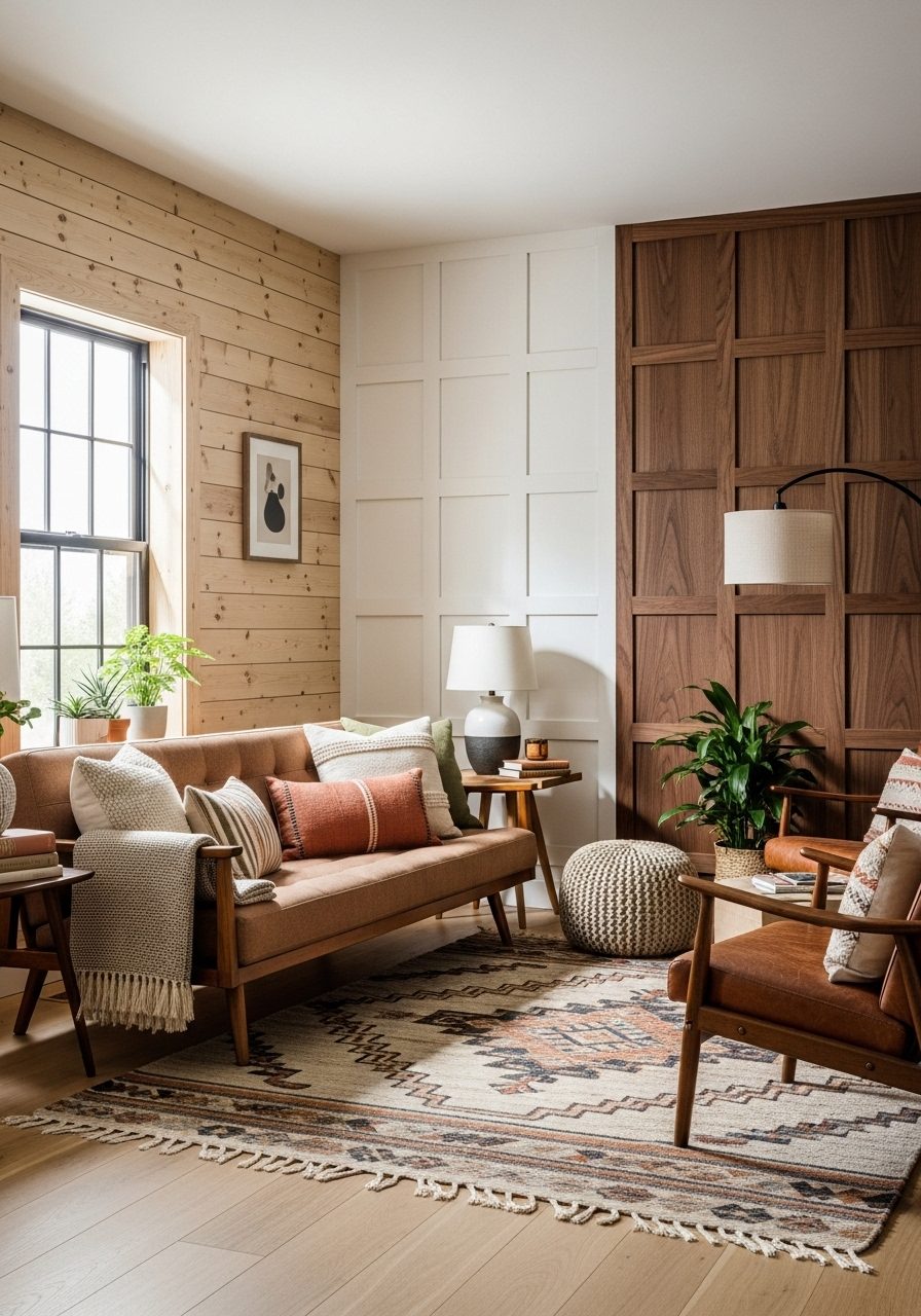 Living room with shiplap, painted board-and-batten, and walnut wainscoting styles shown in one space