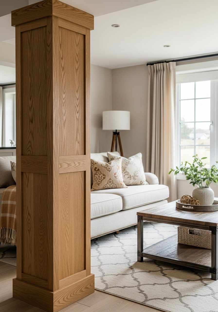 Living room with square column wrapped in oak wood for a rustic design finish