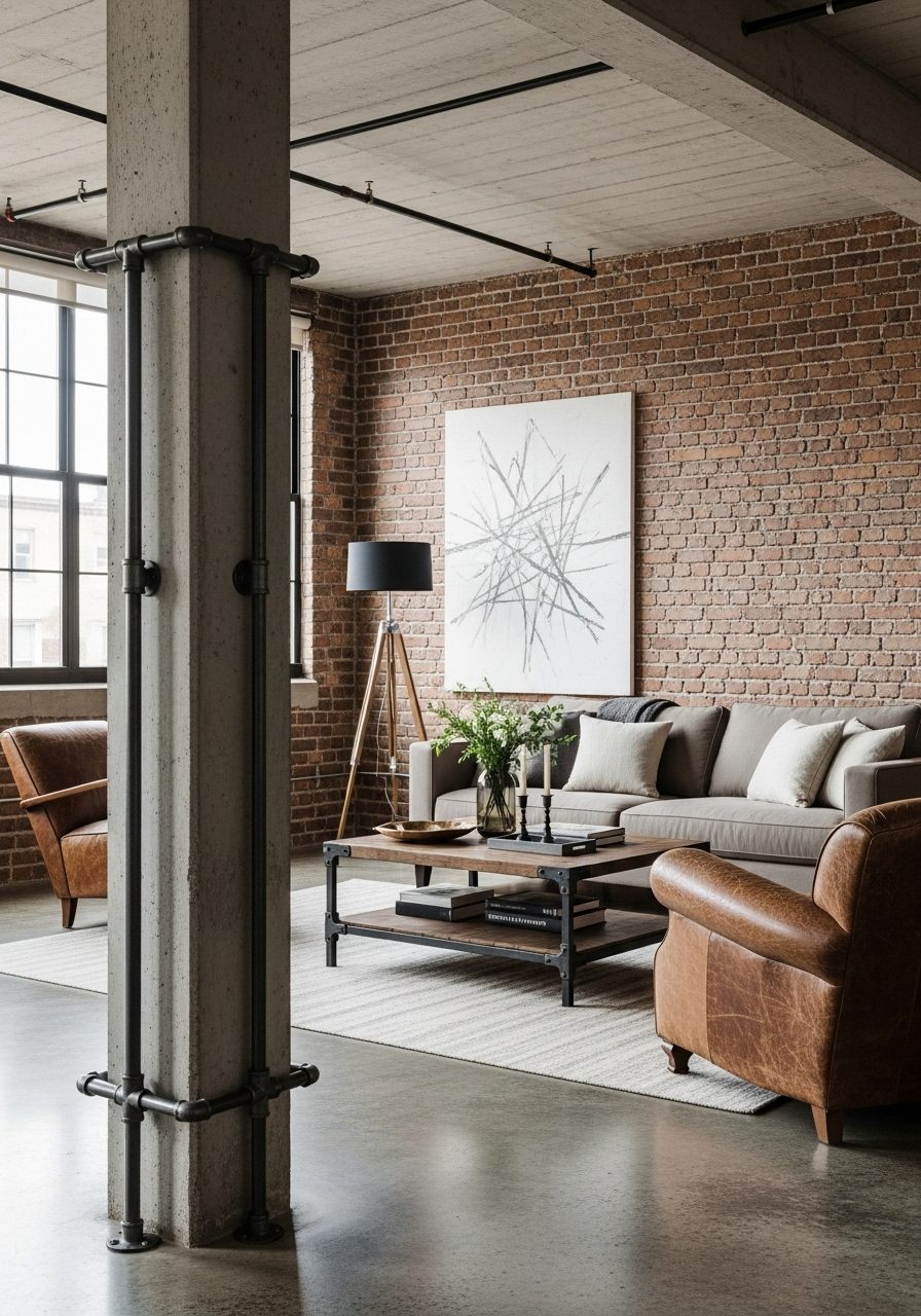 Loft-style living room with metal-accented column in industrial design theme