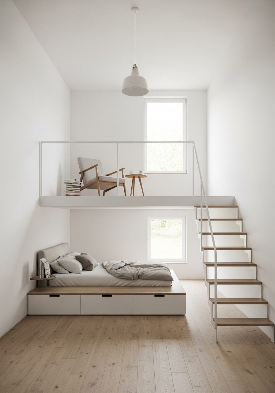 Lofted sleeping zone in a bedroom with very high ceilings maximizes vertical space