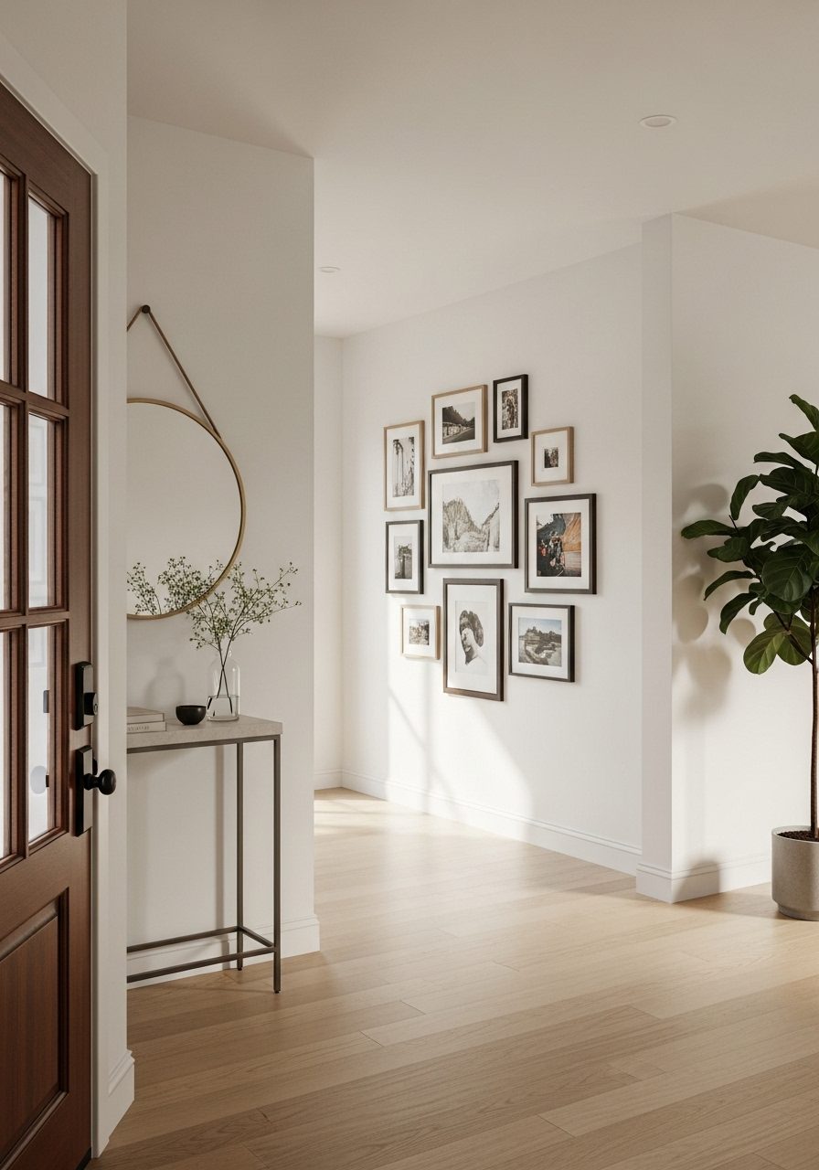 Long entryway layout with divided zones for function and visual flow