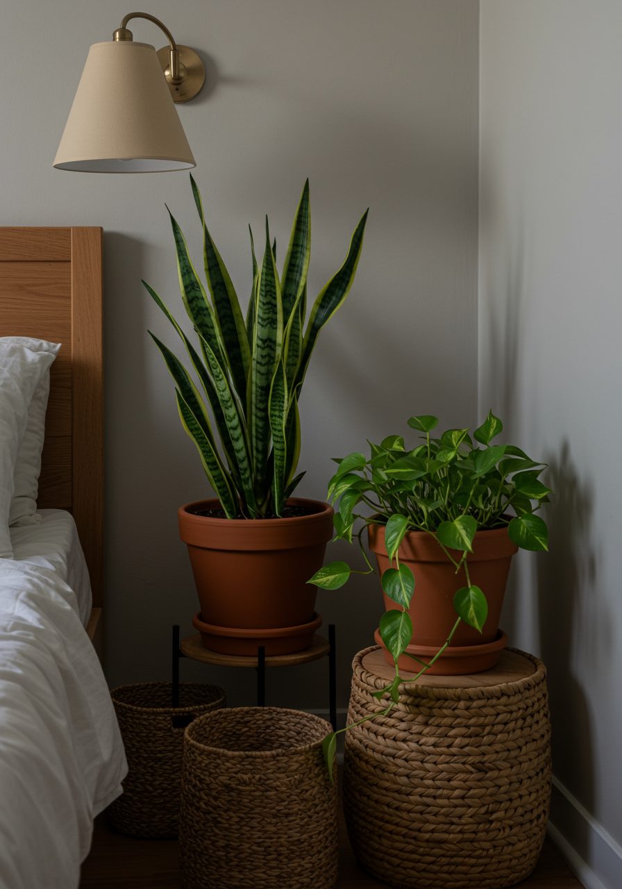 Low-light indoor plants add greenery to a bedroom without windows
