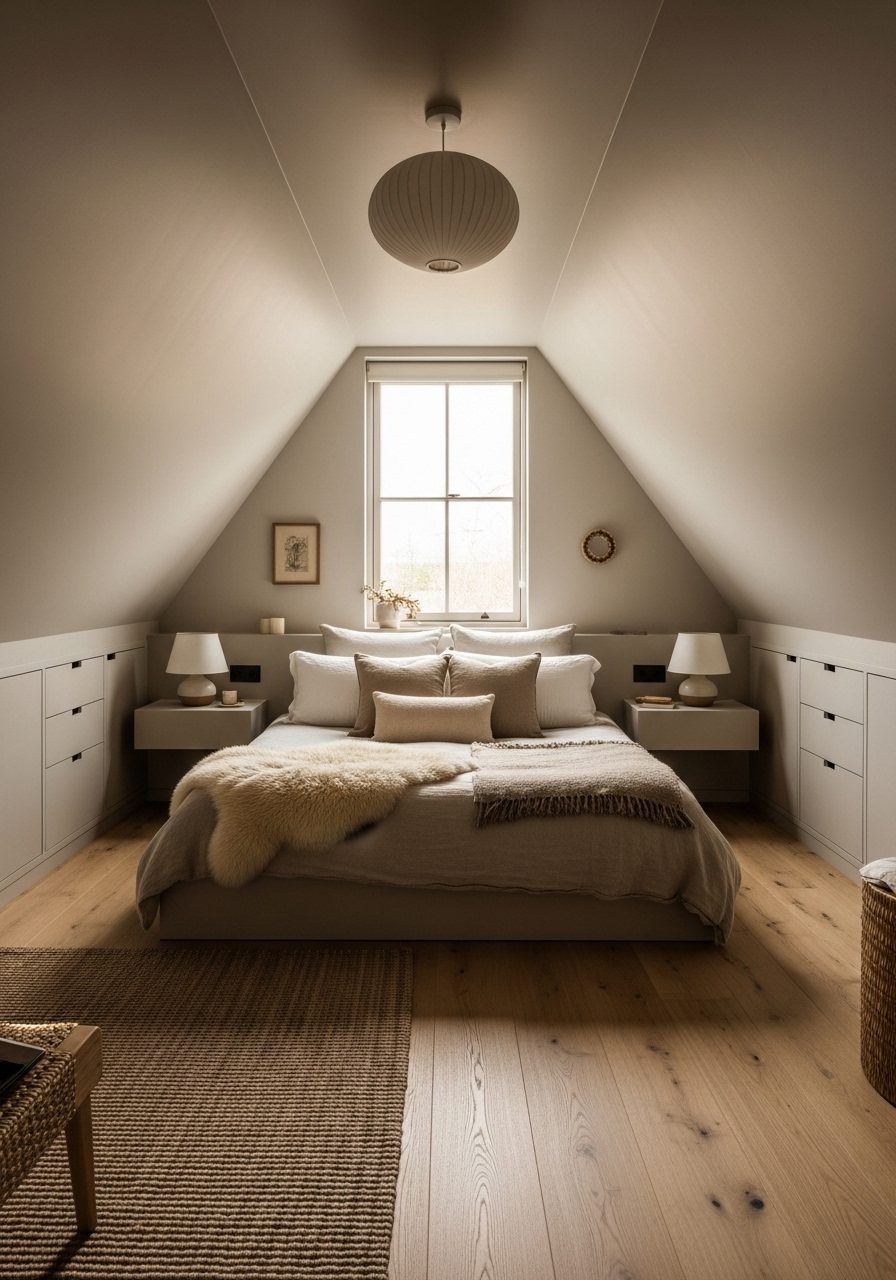 Low-profile bed and custom drawers fitted under a slanted wall to maximize space