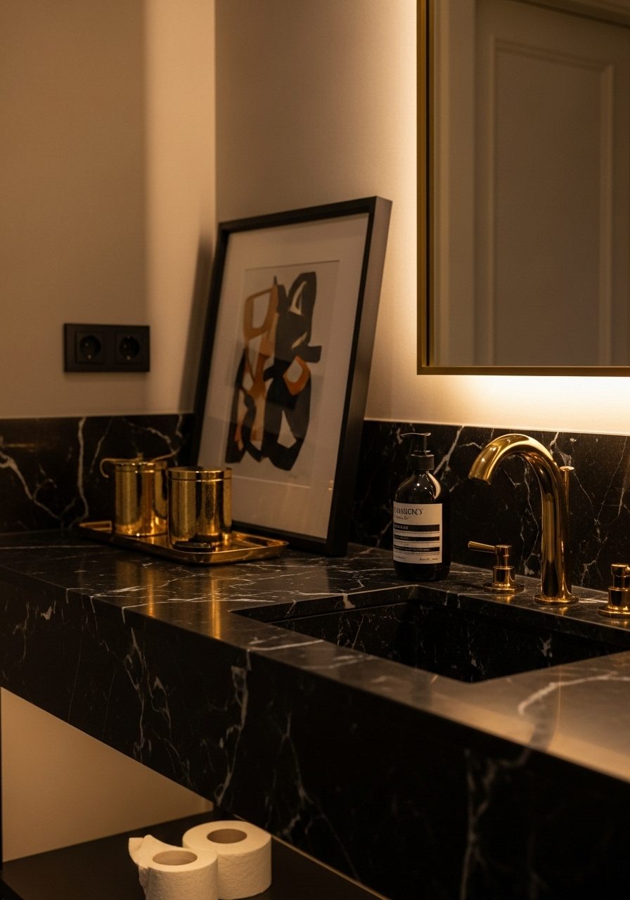 Luxurious bathroom counter styled with gold accents, black marble, and designer soap accessories