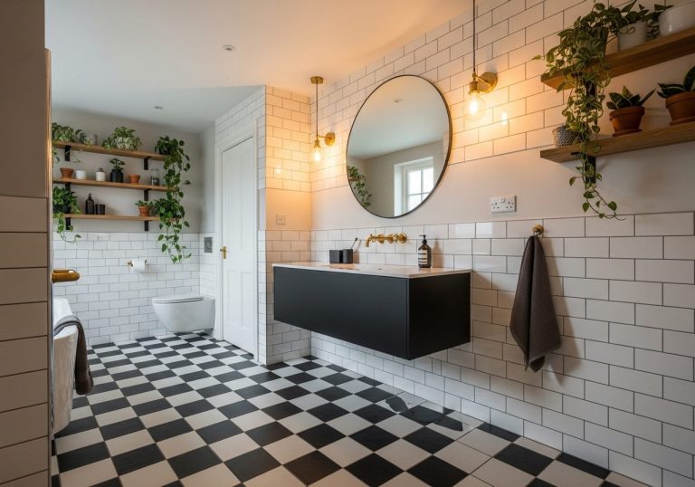 Luxurious black and white bathroom with checkerboard floor, floating vanity, and warm brass accents