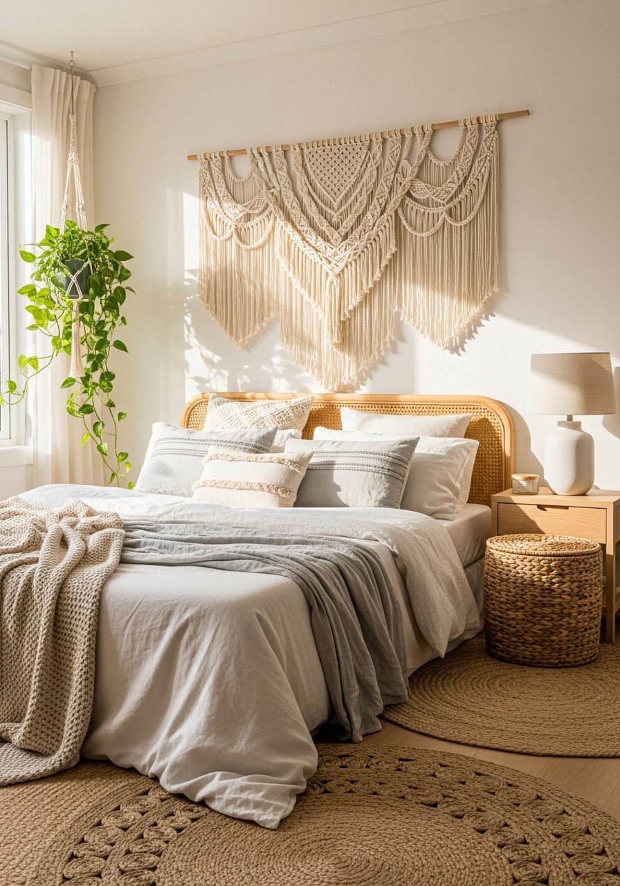 Macramé wall hanging adds texture and warmth to a large boho bedroom wall