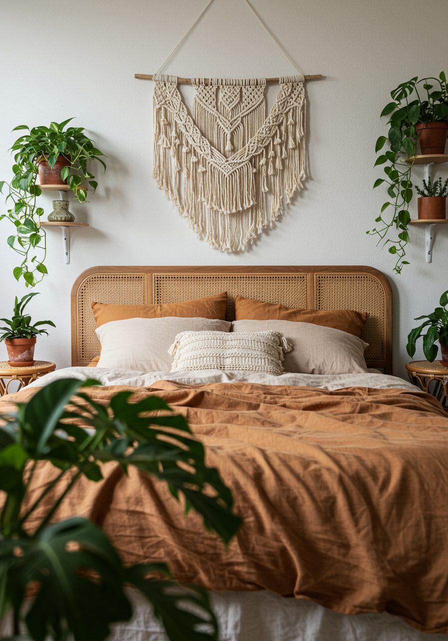 Macrame wall hanging softening a big bedroom wall with boho decor style