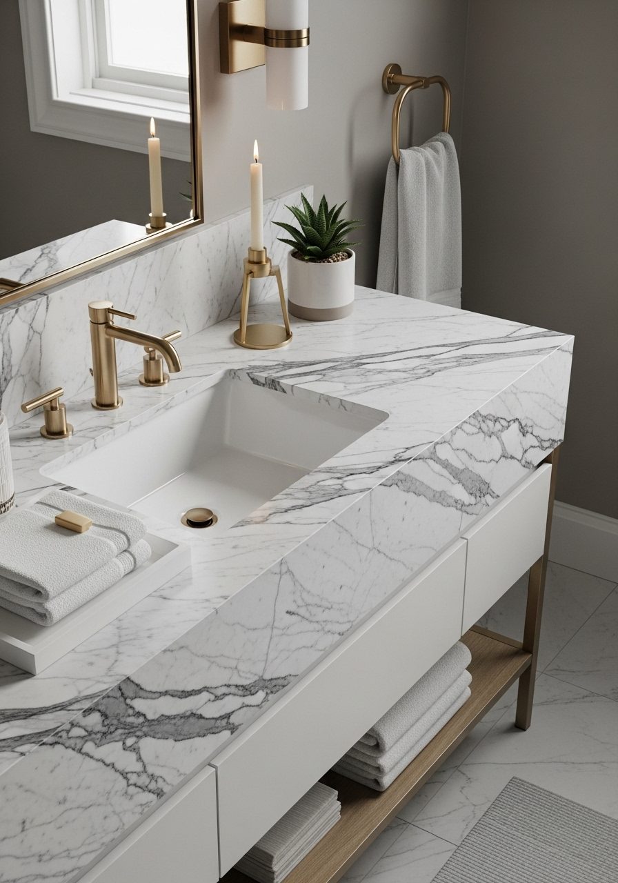 Marble bathroom countertop with bold veining and minimal decor elements