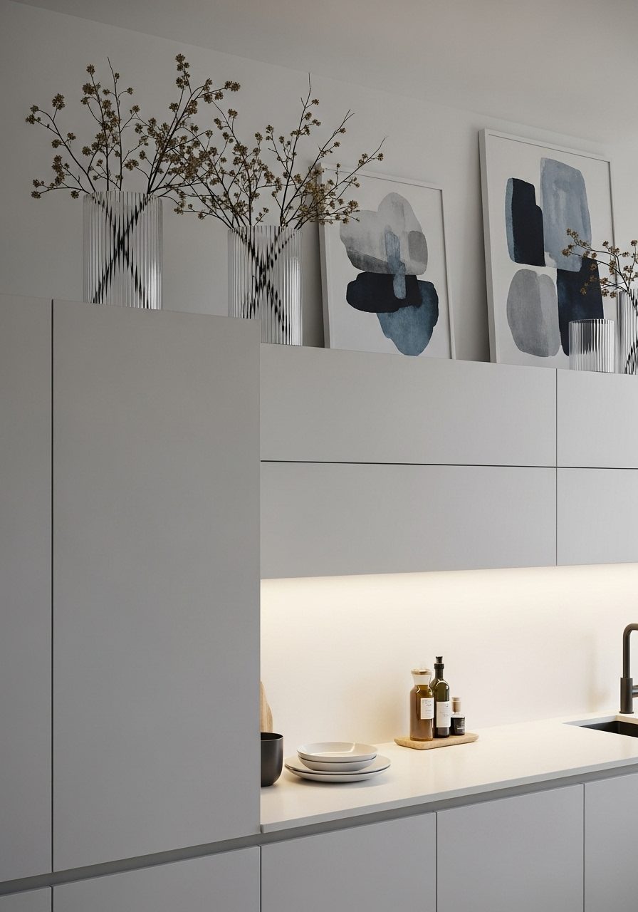 Minimal modern kitchen cabinet top styled with glass decor and soft LED lighting