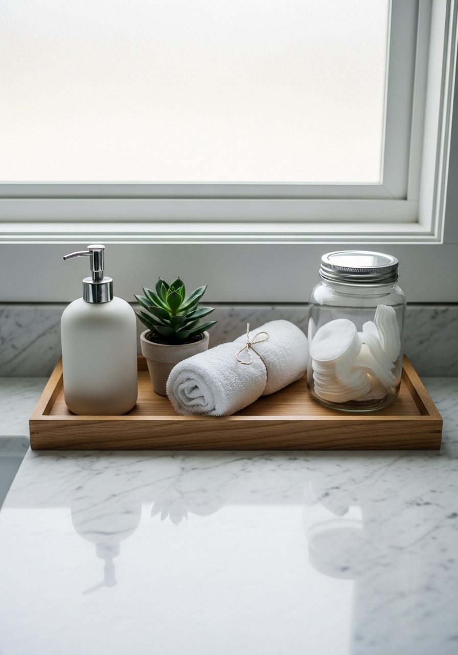 Minimalist bathroom countertop with wood tray, succulent, ceramic dispenser, and cotton jar on white marble surface