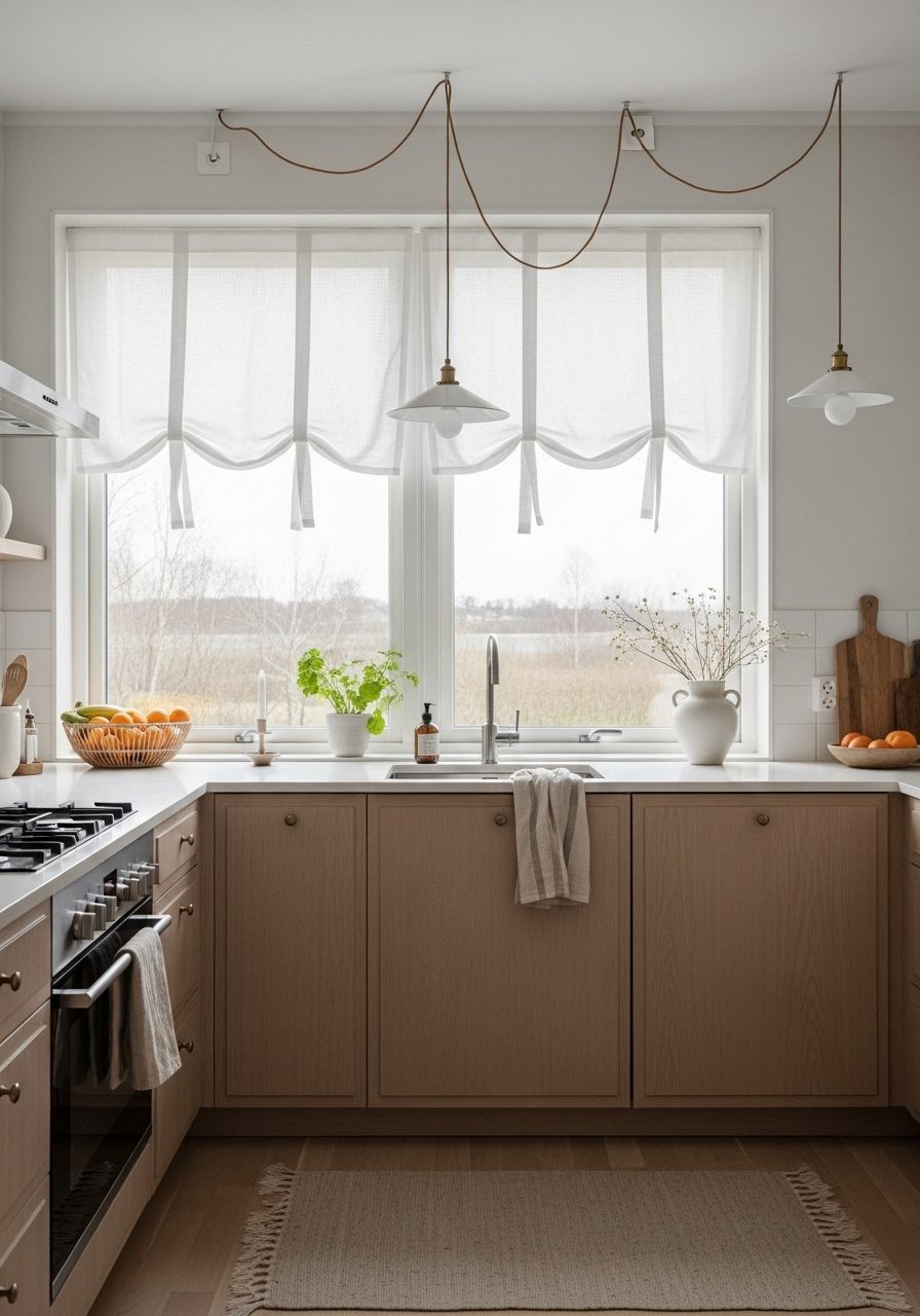 Minimalist kitchen with sheer curtains allowing natural light through a large window