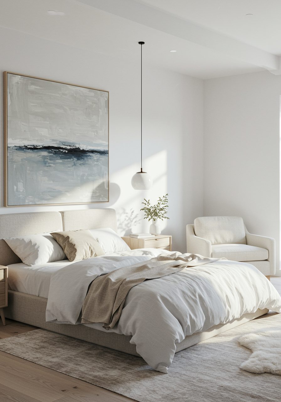Minimalist large bedroom wall with a single piece of artwork and clean space