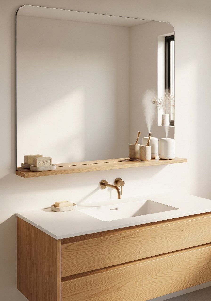 Mirror with built-in shelf for storage above vanity in small bathroom