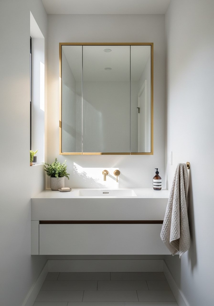 Mirrored medicine cabinet with brass trim in compact modern bathroom