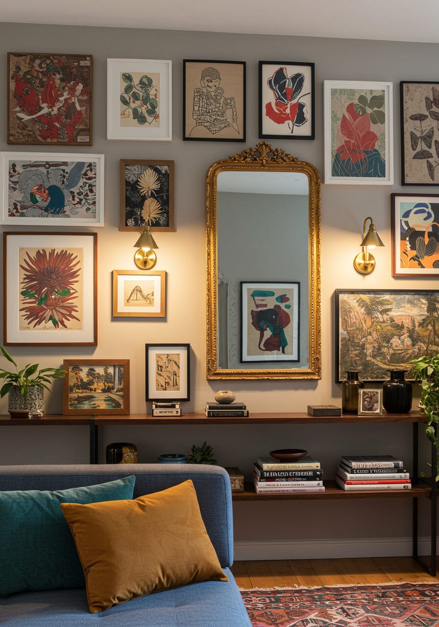 Mixed decor elements bring depth to a large living room wall