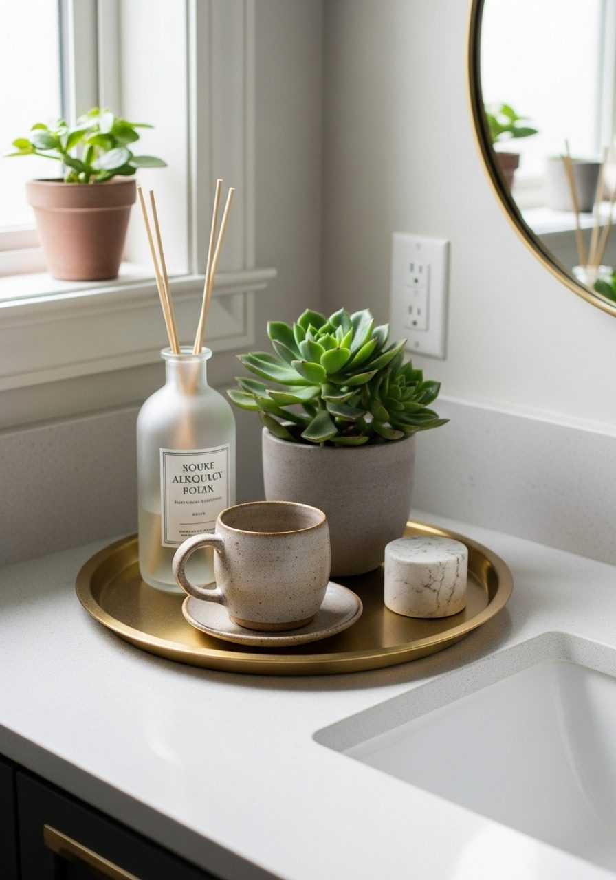 Mixed-material bathroom decor showing color and texture contrast