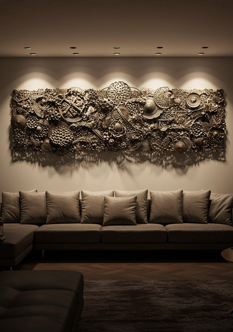 Modern 3D metal sculpture art displayed on a long living room wall
