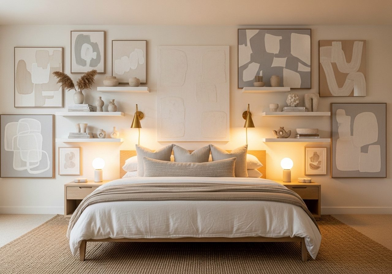 Modern bedroom with a decorated large wall featuring art, shelves, and lighting in a cozy neutral design