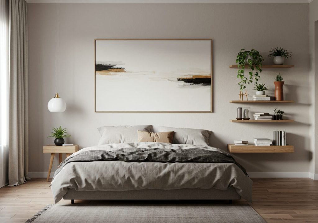 Modern bedroom with a large wall decorated using oversized art, floating shelves, and cozy lighting