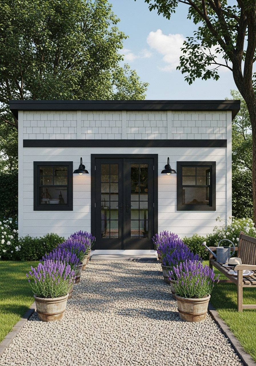 Modern farmhouse garden shed with white siding, black trim, and lavender planters
