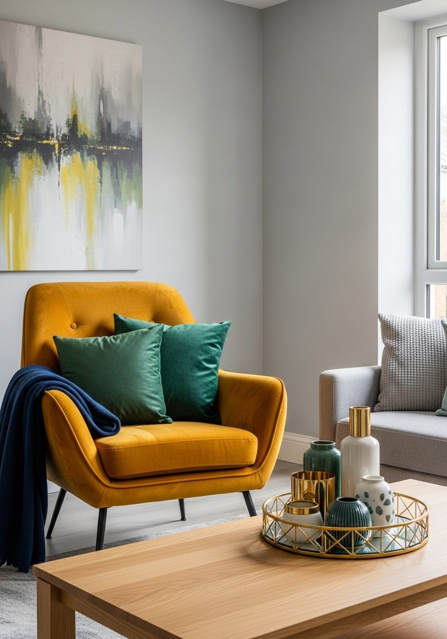 Modern gray living room with bold accent colors including mustard, emerald, and navy blue