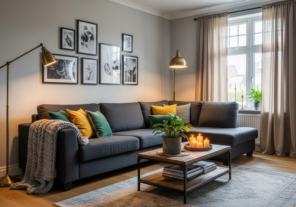 Modern gray living room with layered tones, colorful accent pillows, wooden flooring, and warm lighting