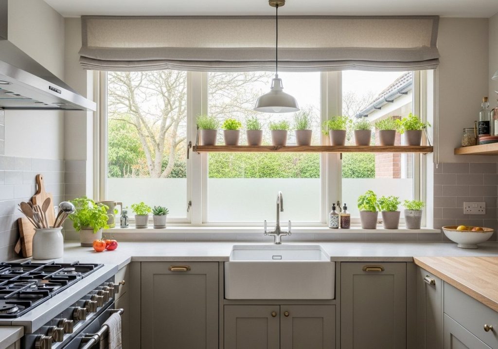 Modern kitchen window with café curtains, herb shelf, pendant light, and soft natural lighting