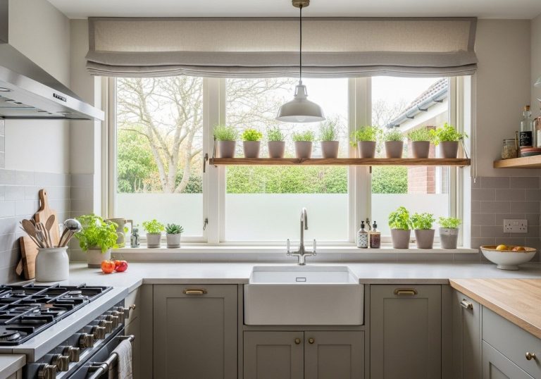 Modern kitchen window with café curtains, herb shelf, pendant light, and soft natural lighting